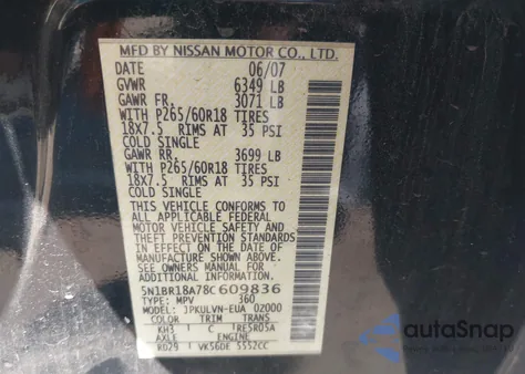 2008 Nissan Pathfinder Le V8 из США, поврежденный, VIN 5N1BR18A78C609836